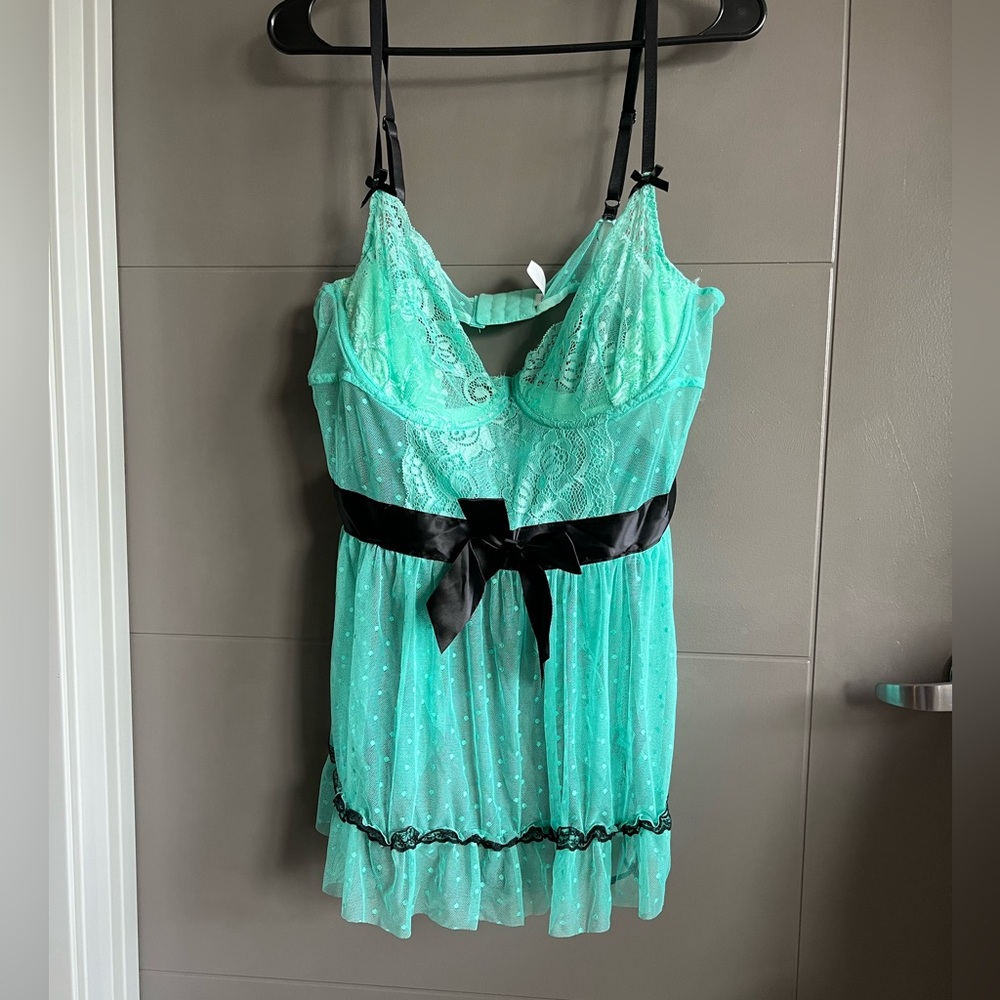 Mint Green Lace Babydoll with Black Ribbon